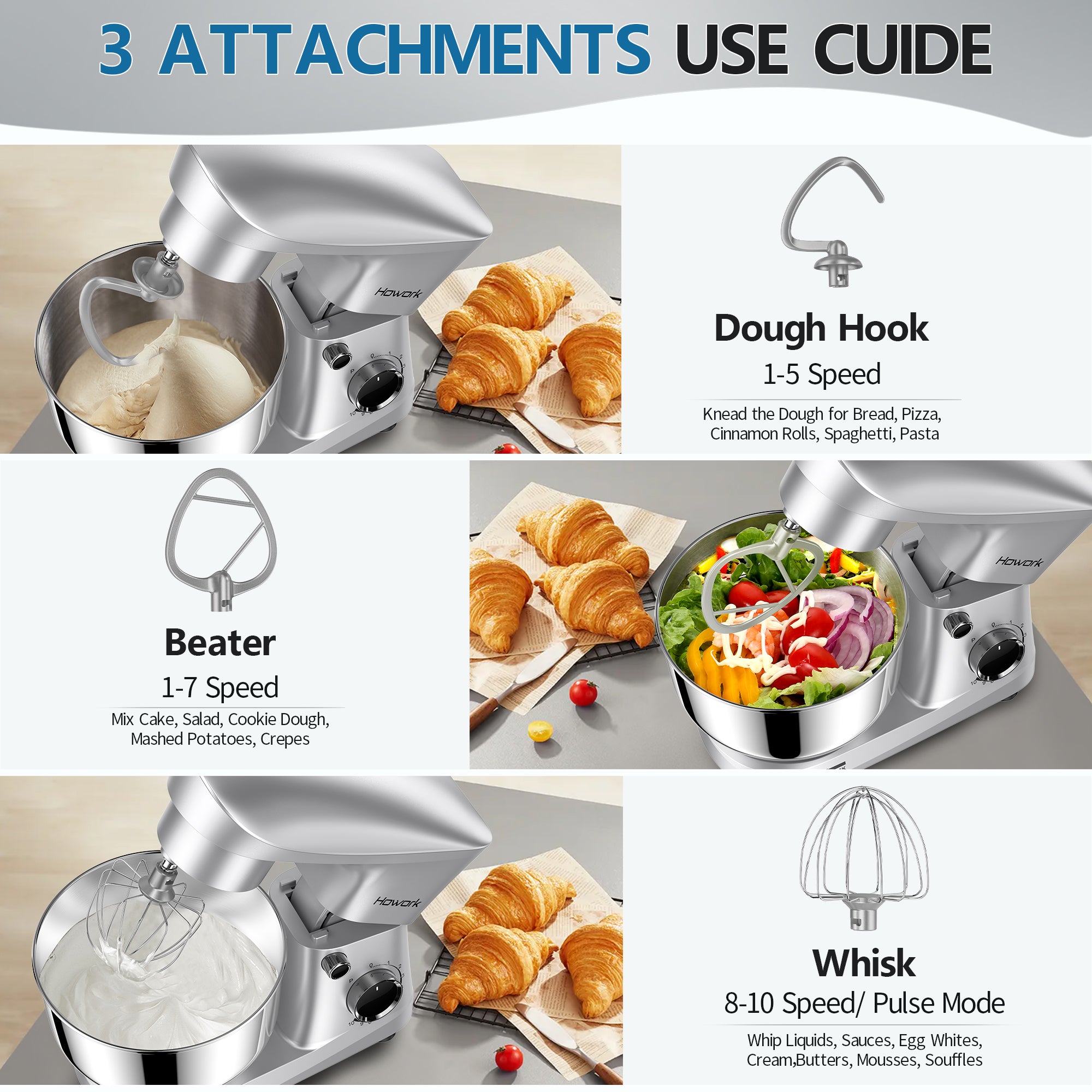 HOWROK 5.5 Quart Tilt-head Stand Mixer,Electric Food Mixer – 10 Speeds & Pulse