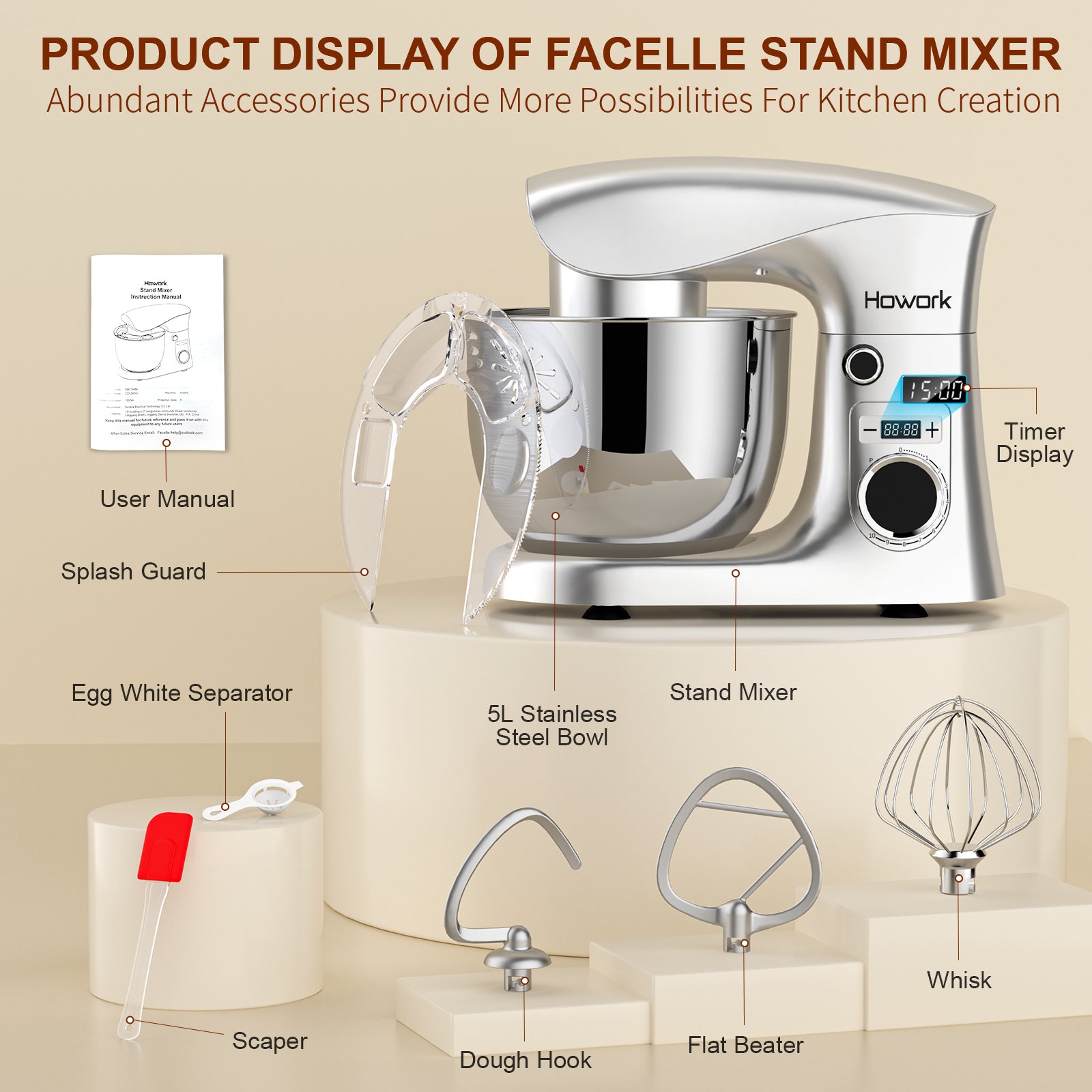 HOWROK 5.5 Quart Tilt-head Stand Mixer with LED Display