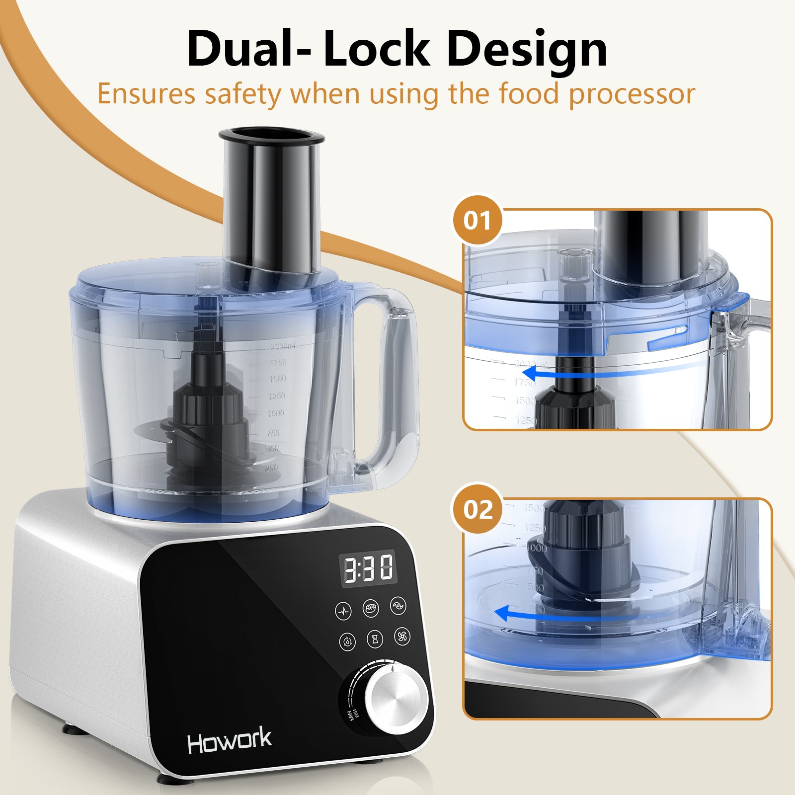 HOWORK 12CUP Food Processor with LED display