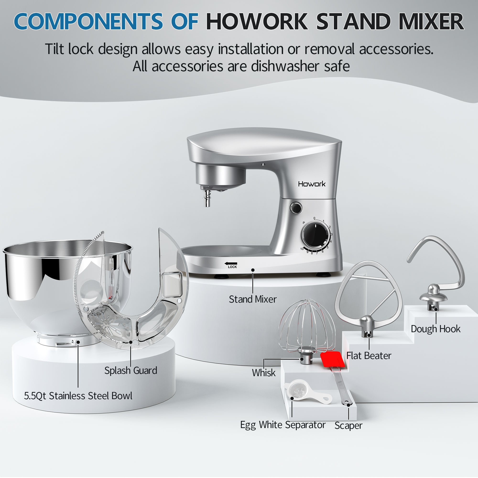 HOWROK 5.5 Quart Tilt-head Stand Mixer,Electric Food Mixer – 10 Speeds & Pulse