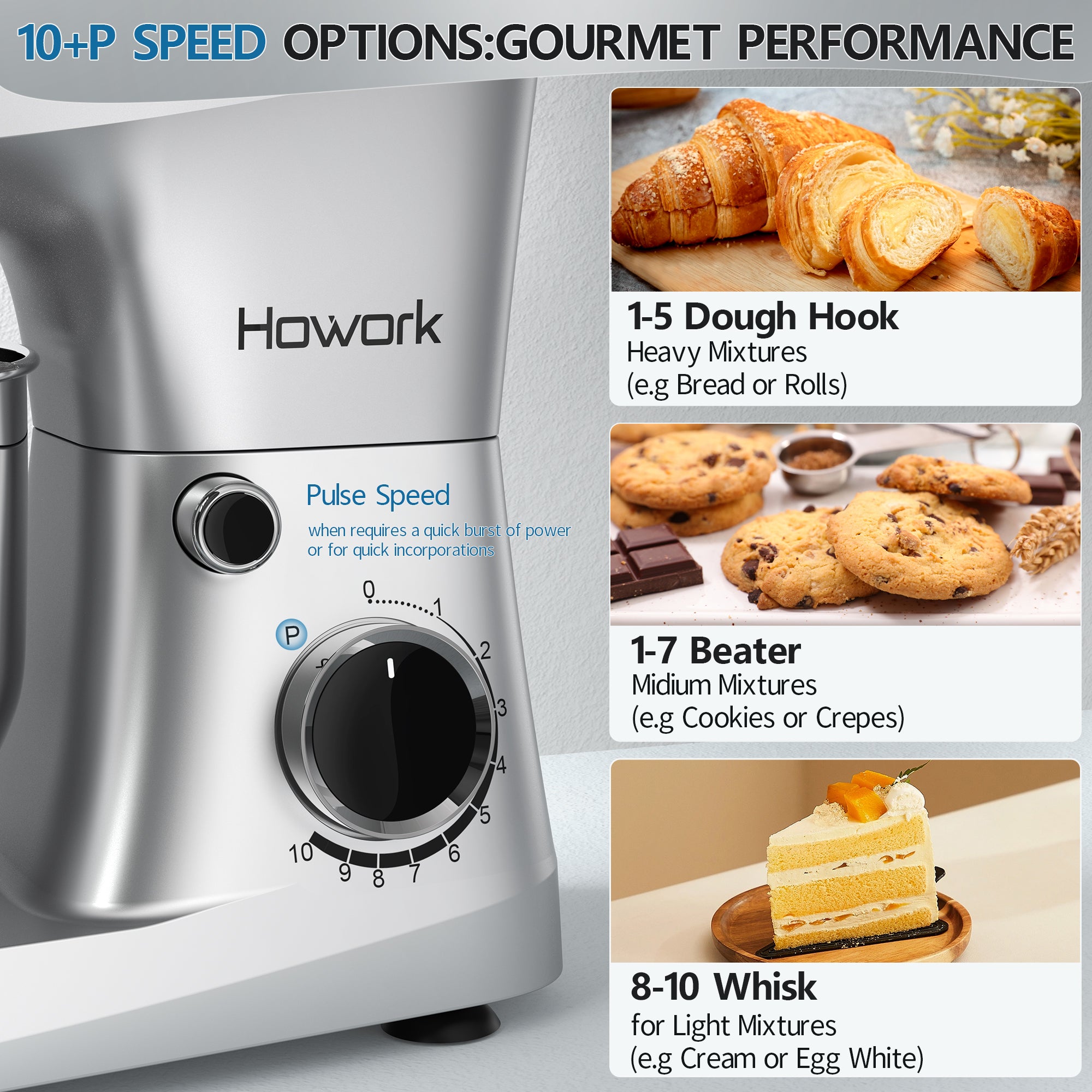 HOWROK 5.5 Quart Tilt-head Stand Mixer,Electric Food Mixer – 10 Speeds & Pulse